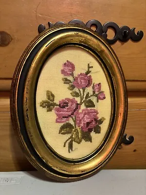 Vintage Oval Floral Bouquet Framed Finished Needlepoint 10  Picture • $39.95