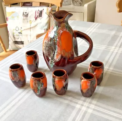 Vintage Vallauris French Pottery Fat Lava Decanter / Ewer Liqueur Set • £55