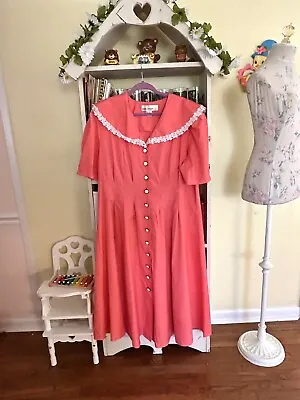 Vintage 80s/90s Coral Pink Sailor Collar Midi Dress 2X/3X • $67