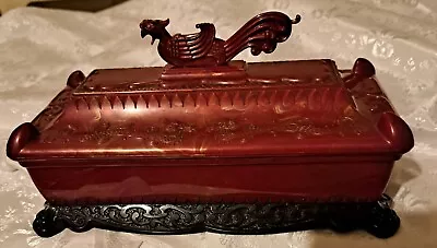 Vintage Red Marbled  Jewelry Box  With Dragon And Phoenix Bird Design • $20