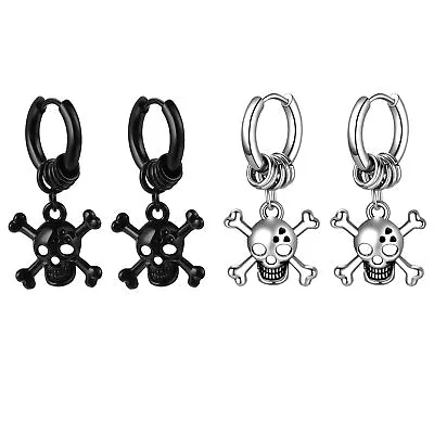 Men Women's Punk Skull Head Skeleton Cross Stainless Steel Hoop Stud Earrings • $13.99