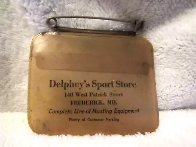 Vtg DELPHEY'S Sport Store Frederick Md. Pin On Plastic Hunting License Holder • $19.99