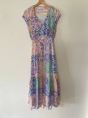 EUC Witchery 100% Linen Floral Patchwork Paisley Maxi Dress Lined Cutout 8 • $85