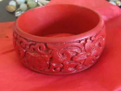 Vintage Ornately Carved Faux Cinnabar Bangle Bracelet • $3