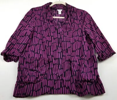 I Love H81 Open Front Top Women’s Medium M Purple Black Abstract ¾ Sleeve Rayon • $13.59
