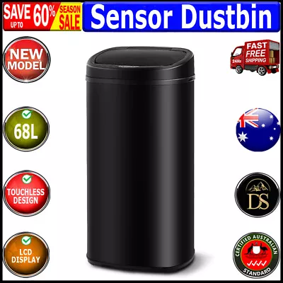 68L Motion Sensor Bin Automatic Stainless Steel Kitchen Rubbish Trash - Black • $83.03