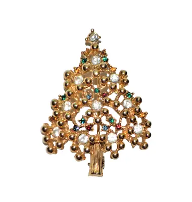 Christmas Tree Brooch Pin Gold Tone Multicolor Rhinestones Vintage • $14.99