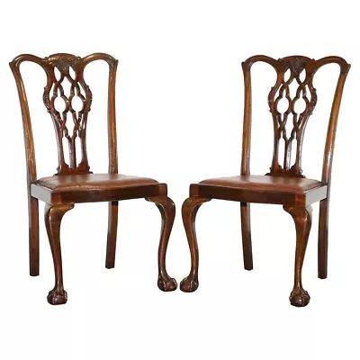 James Phillips Chippendale Style Claw & Ball Side Dining Desk Leather Chairs • $1181.18