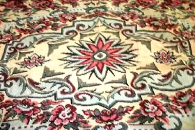 1920s BELGIUM STARBURST ROSES TAPESTRY BEDSPREAD WOVEN REDS AQUA YELLOW ANTIQUE • $283.02