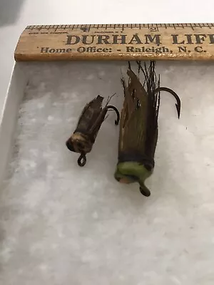 2 Vintage Feather  Wood Hair Fly Fishing Lures Possible Calmac Bugs • $10