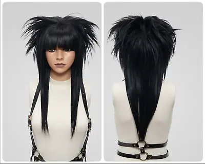 Black Spiky Mullet Emo Wig Bangs Fringe Unisex Long Full Density Styled Cosplay • $186.77