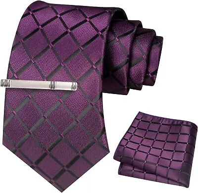 JEMYGINS Solid Color Mens Plaid Tie And Pocket Square With Tie Clip Sets • $22.94