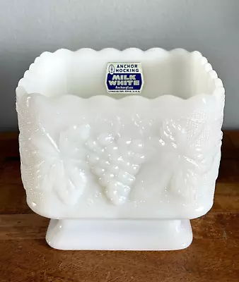 Vintage Anchor Hocking White Milk Glass Square Candy Dish Bowl Compote W/LABEL • $19.99