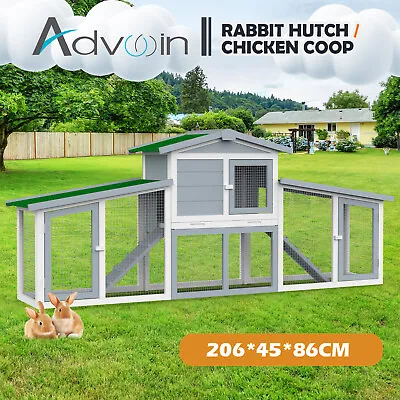 Advwin Large Rabbit Hutch Chicken Coop 206cm 2 Storey Run Cage Pet House Outdoor • $149.90