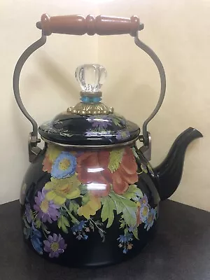 MacKenzie Childs Flower Market Enameled Water Kettle Tea Pot & Lid Black Floral • $150.95