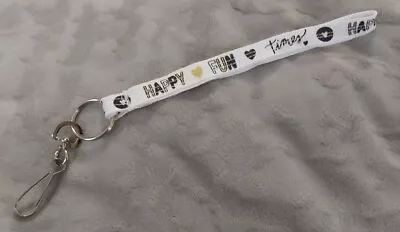 9 In Ribbon Keychain Wristlet.  Happy Heart Fun Times Black Gold White • £3.86