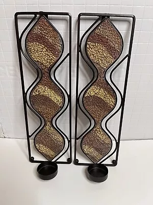 Set Of 2 Vtg MCM Mosaic Glass Wrought Iron Tea Light Candle Holder Sconce 5x15.5 • $37.50