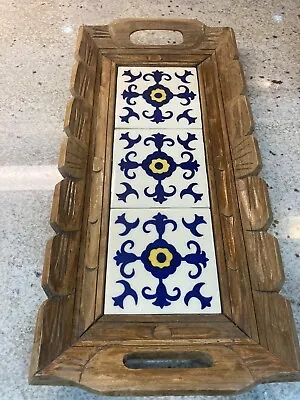 New $$ Talavera Mexican Pottery Wooden Serving Tray 3 Blue Yellow White Tiles • $28