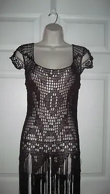Forever 21 Women's Dark Brown Flapper Style Crochet Knit Dress Fringe Medium VTG • $99.99