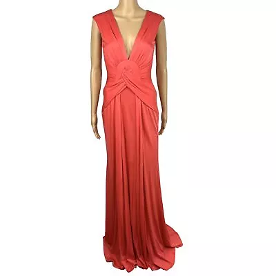 Issa London Silk Gown Size 6 Coral V Necktie Sleeveless Sheath Stretch Dress New • $200