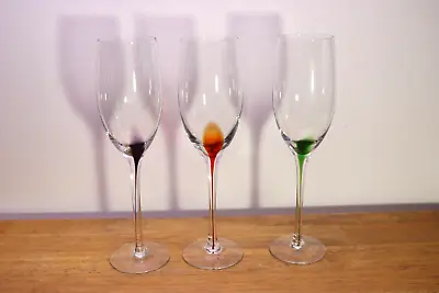 3 Fluted Wine Glasses Teardrop Splash Accent Stem Champagne Various Color 8.9    • $22
