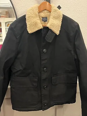 J CREW Men's Coat/Jacket Faux Fur Lined Button Up Pockets BLACK Size Large • $44.95