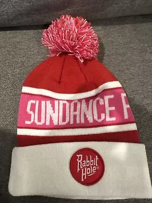 Sundance Film Festival Rabbit Hole Pink Red White Pom Pom Ski Winter Beanie • $9.98