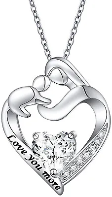 Silver Plated Mother And Child White Zircon Heart Pendant Necklace For Mum Gifts • $1.45