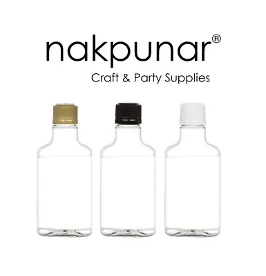 200 Ml Clear PET Flask Bottle With Tamper Evident Cap - Black Gold White Liquor • $12.99