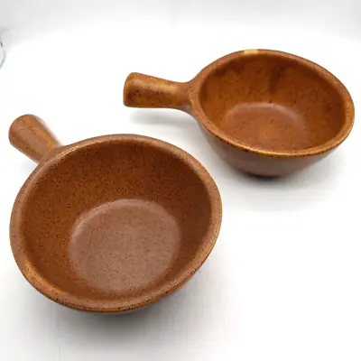 Pair Monmouth Western Pottery Mojave Brown Handled Soup Bowls Maple Leaf USA  • $19.99
