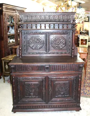 French Antique Renaissance Dark Oak Wood Buffet / Sideboard /Server Circa 1820 • $3200