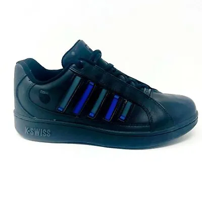 K-Swiss Mens Wallis Black Classic Blue Charcoal Leather Sneakers 01166016 • $54.95