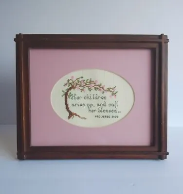 Vintage Needlepoint Embroidery Framed Proverbs 31:28 11.5x9.5 • $17.99