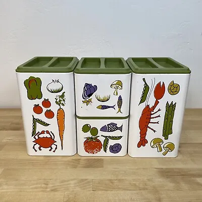 Set Of 4 Vintage Decoware Tin Metal Stacking Canister Avocado Green Vegetables • $27.96