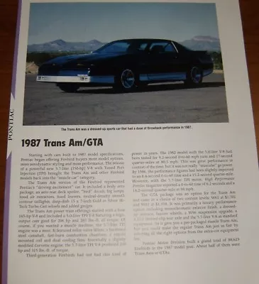 ★★1987 Pontiac Trans Am/gta Specs Info Photo 87 Firebird T/a Ta★★ • $4.99