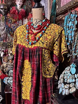 Beautiful “Sister Mary” Oaxaca In Red Plaid & Golden Yellow Embroidery/Crochet L • $135