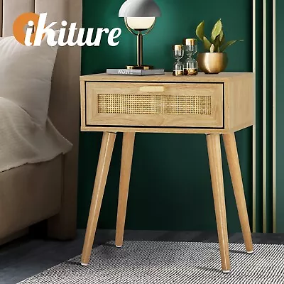 Oikiture Bedside Tables Drawers Rattan Storage Cabinet Nightstand Bedroom Wood • $55.90