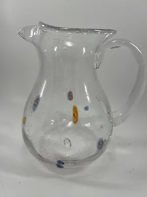 Hand Blown Bubble Clear Glass Pitcher With Millefiori • $25