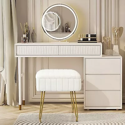 Vanity Stool Chair With Storage White Ottoman Foot Rest Faux Fur Makeup Chair • $26.84
