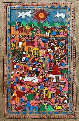 15 1/2 X 23  Mexican Tradition Folk Art Amate Bark Hanging Farm Painting Aztec • $29.99