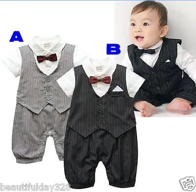 Baby Boy Bow Tie Whole Tuxedo Bodysuit Outfit Christening Wedding 3-18 Months • £9.99