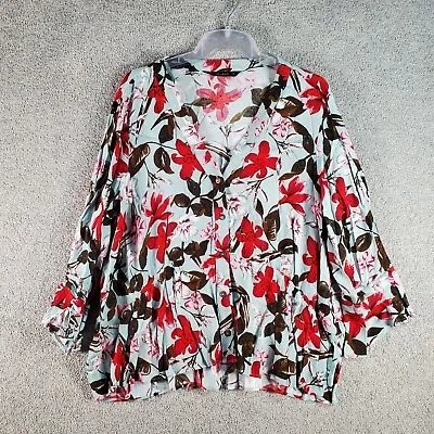 $17.99 • Buy ZARA Top Blouse Womens Extra Large Blue Red Floral Flare Sleeve V-Neck Button Up