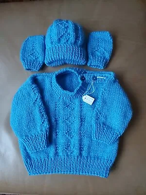 Hand Knitted Blue Jumper Hat & Mittens 6- 12 Months - New • £6