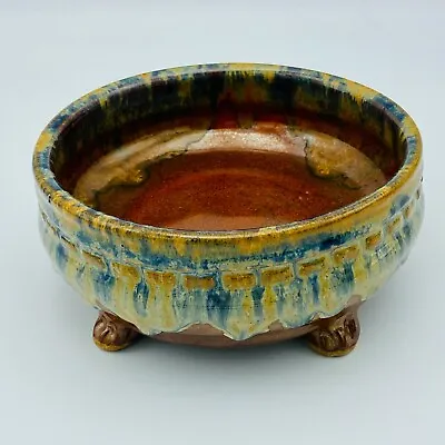 $34.95 • Buy Studio Art Pottery Bowl Drip Glazed Footed Blue Gold Russet Wheel Thrown Signed