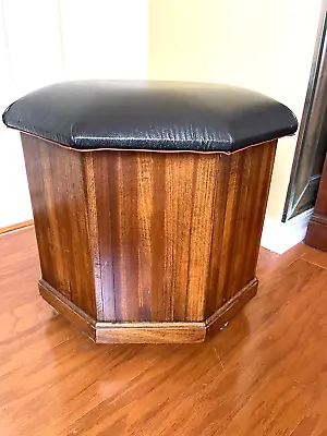VTG Leatherette Footstool On Rollers BLACK/ WOOD Ottoman With Storage 1960s -70s • $179
