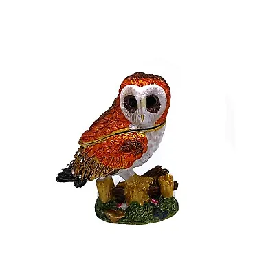 NEW TRINKET BOX OWL Pewter Bejeweled Austrian Crystals Brown White Forest Bird • $18.87