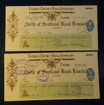 Falkirk & District Royal Infirmary 2 X A/UNC Vintage Cheques. Both 14.9.1942. • £4