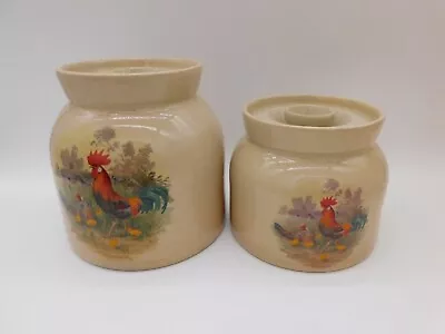 Set 2 Yesteryears Marshall Texas Pottery Canisters W/Lids Roosters Chickens Farm • $50