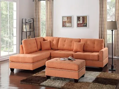 Modern Sectional Sofa L Shaped Couch Tufted Nailhead Trim Ottoman Citrus Linen • $1599.99