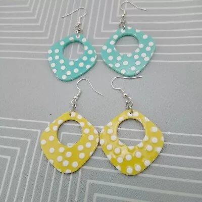2 Pair Of Polka Dot Earrings Squared Hoops Turquoise & Yellow 50s 60s Retro Fun • £4.95